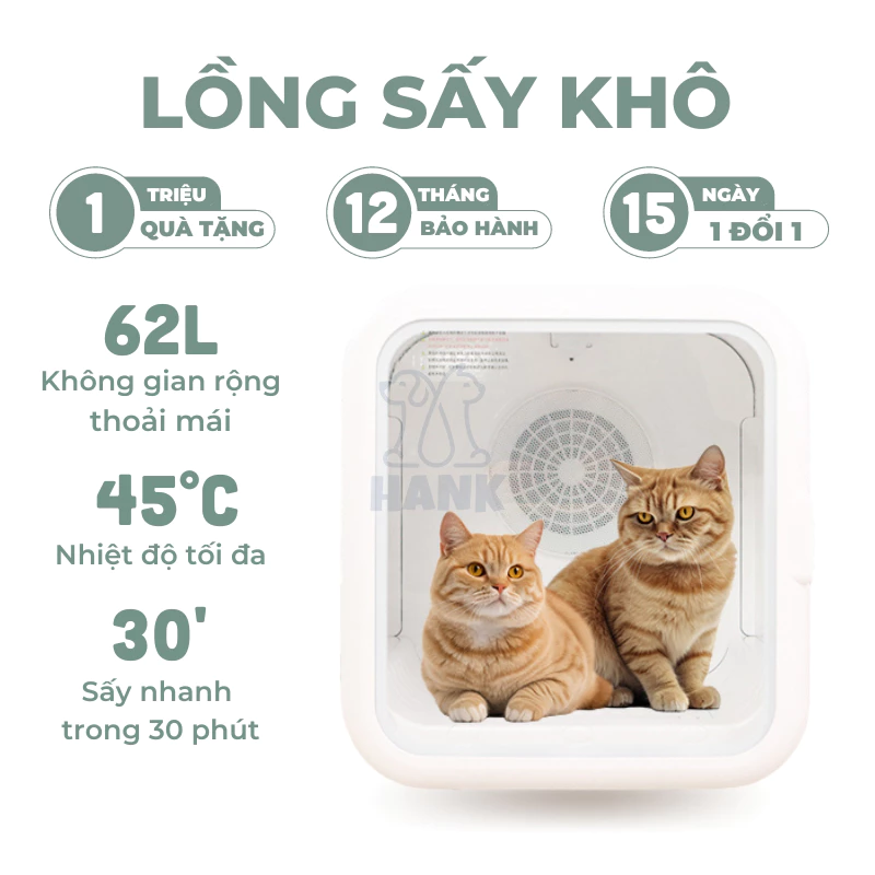 [SẤY KHÔ 30'] Lồng sấy khô chó mèo siêu nhanh, khử khuẩn thông minh cho thú cưng